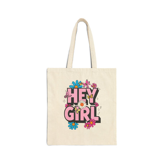 Hey Girl Floral Cotton Canvas Tote Bag - Eco-Friendly, Stylish, Perfect for Everyday Use