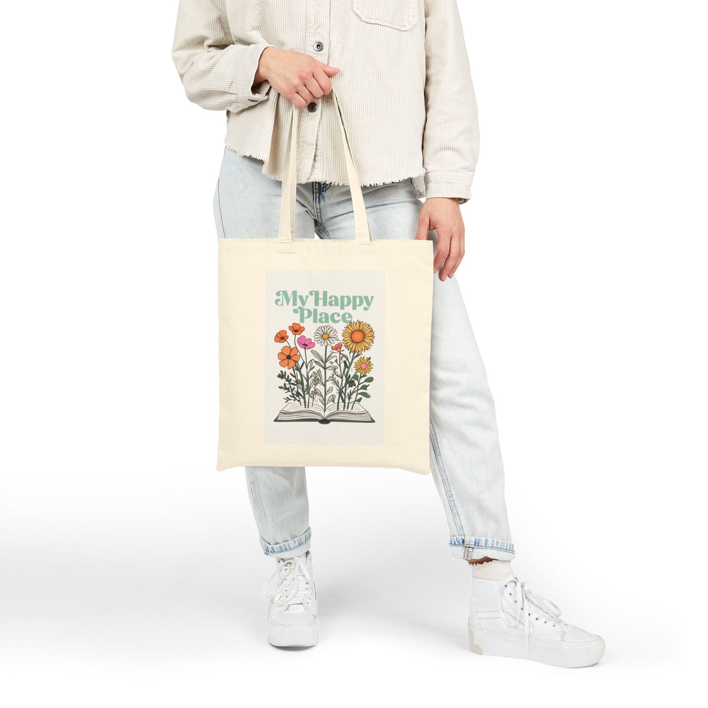 My Happy Place Floral Tote Bag - Eco-Friendly Cotton Canvas for Everyday Use