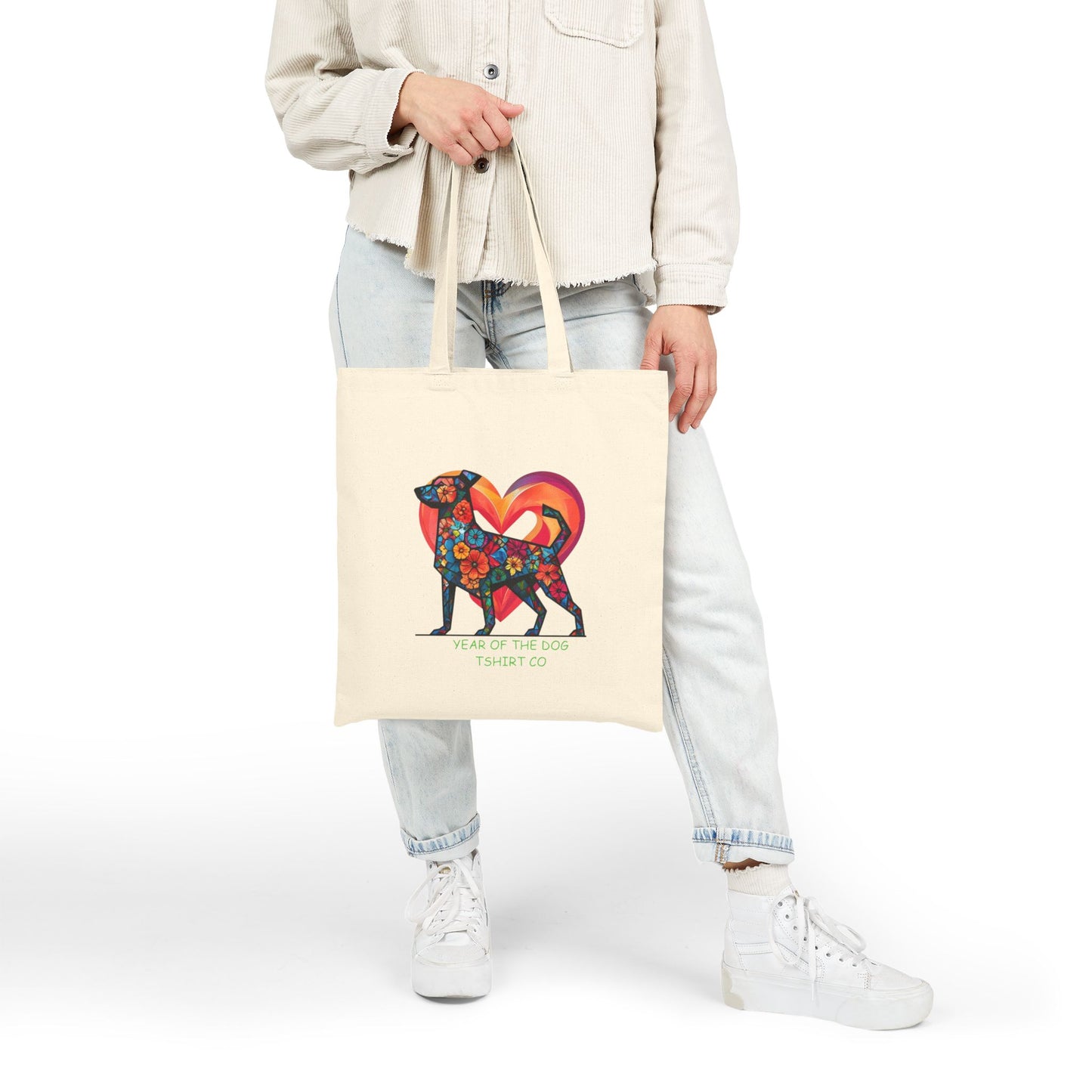Floral Dog Print Cotton Canvas Tote Bag - Year of the Dog Design