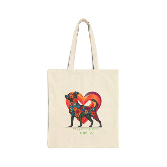 Floral Dog Print Cotton Canvas Tote Bag - Year of the Dog Design