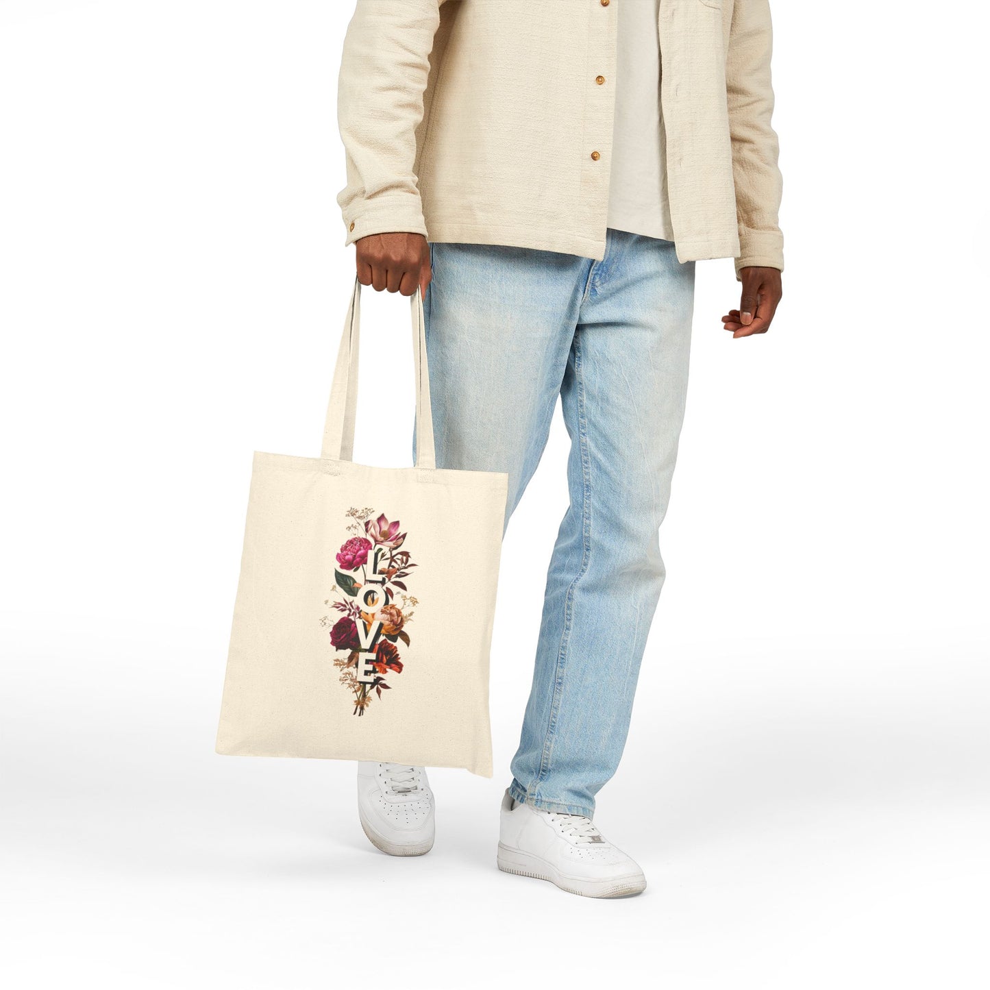 Floral Love Cotton Canvas Tote Bag - Eco-Friendly Chic for Everyday Use