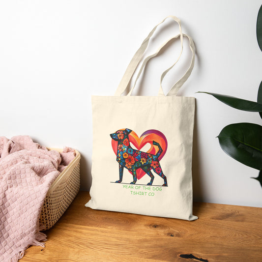 Floral Dog Print Cotton Canvas Tote Bag - Year of the Dog Design