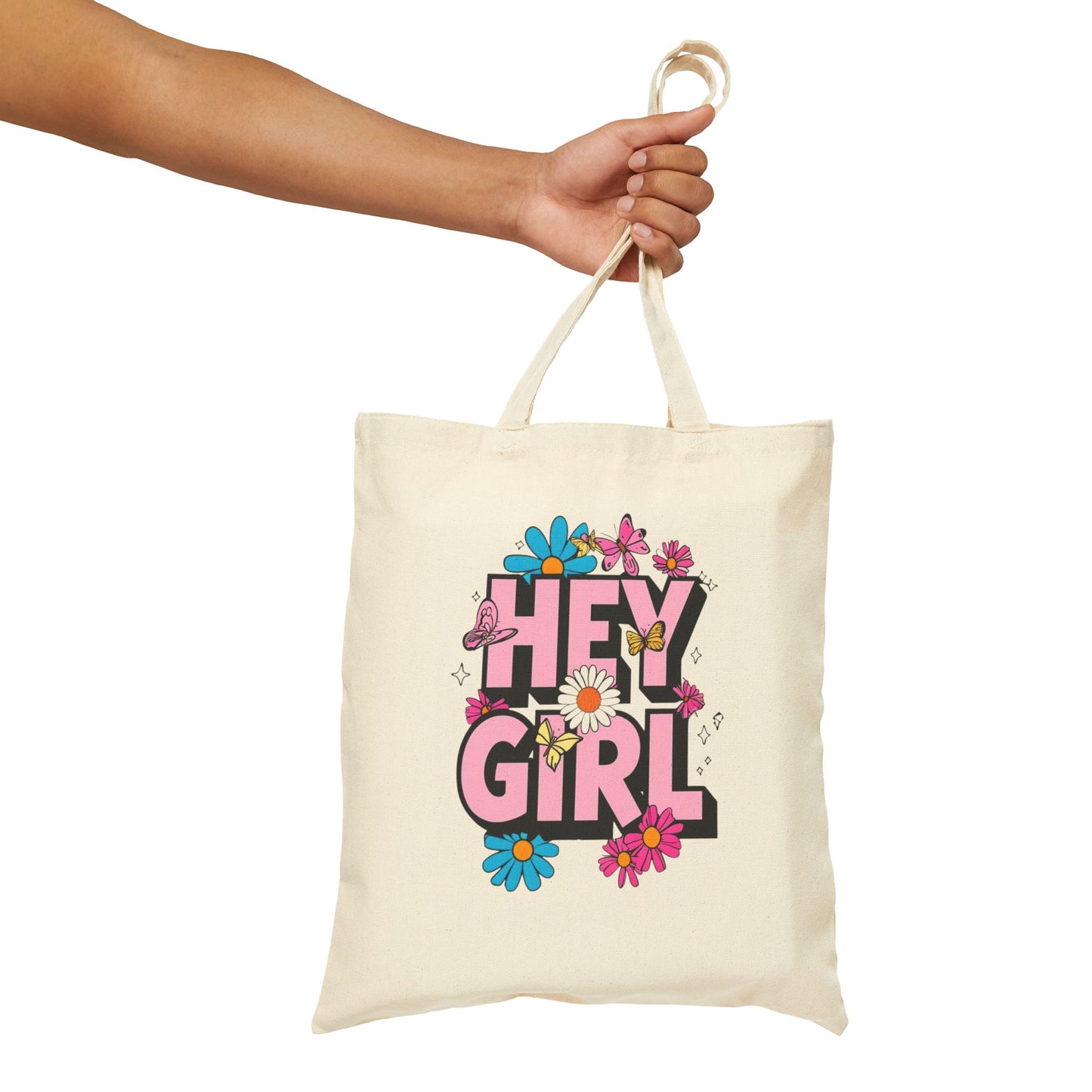 Hey Girl Floral Cotton Canvas Tote Bag - Eco-Friendly, Stylish, Perfect for Everyday Use