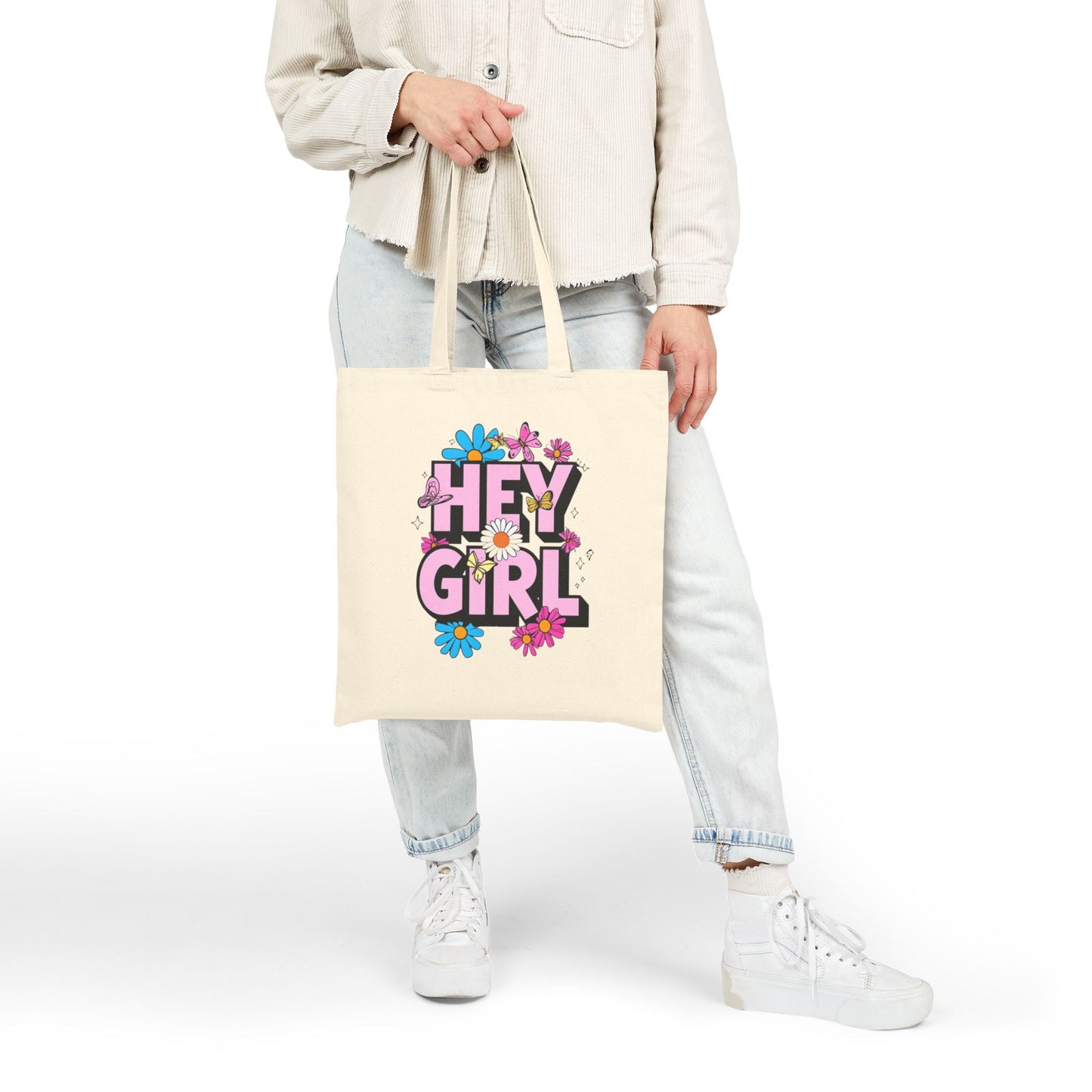 Hey Girl Floral Cotton Canvas Tote Bag - Eco-Friendly, Stylish, Perfect for Everyday Use