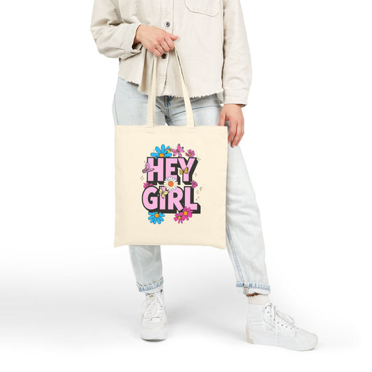 Hey Girl Floral Cotton Canvas Tote Bag - Eco-Friendly, Stylish, Perfect for Everyday Use